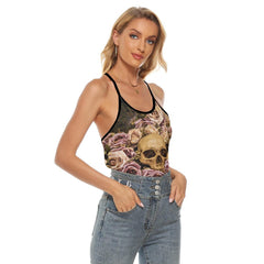 Gothic Pink Brown Pattern Criss-Cross Open Back Tank Top, Trending T-Shirt For Women - Wonder Skull