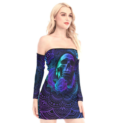 Purple Mandala Skull Off-shoulder Back Lace-up Dress - Wonder Skull