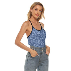 Blue Skull Camo Pattern Criss-Cross Open Back Tank Top, Trending T-Shirt For Women - Wonder Skull