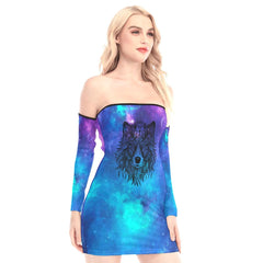 Blue Galaxy Wolf Off-shoulder Back Lace-up Dress - Wonder Skull