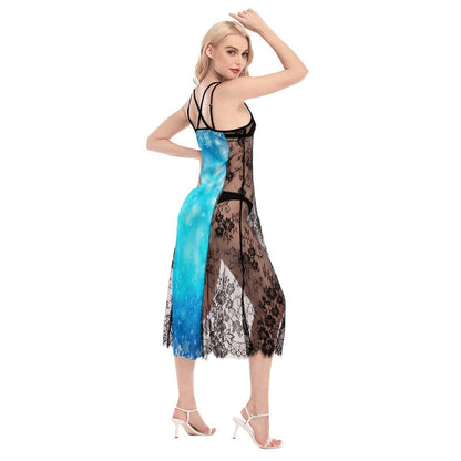 Hot Blue Gothic Skull Butterfly Lace Cami Cross Back Women Dress - Wonder Skull