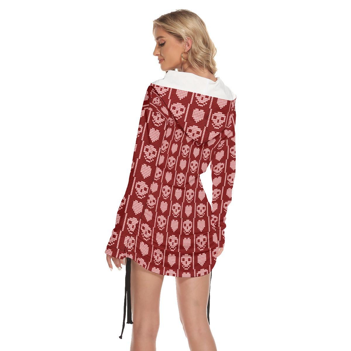 Christmas Red White Skull Heart Print Open Shoulder Dress - Wonder Skull
