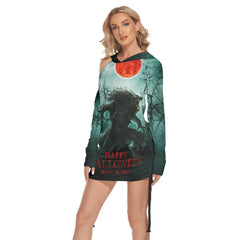 Wolfloween All Over Print Women One Shoulder Dress With Waist Shirring, Long Hoodie For Women - Wonder Skull