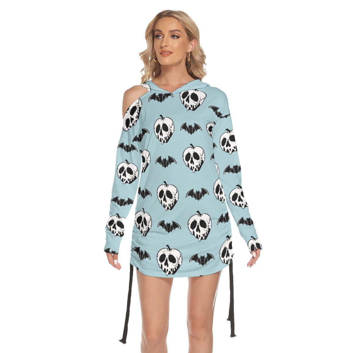 Blue Bat Skull All Over Print Women One Shoulder Dress With Waist Shirring, Long Hoodie For Women - Wonder Skull