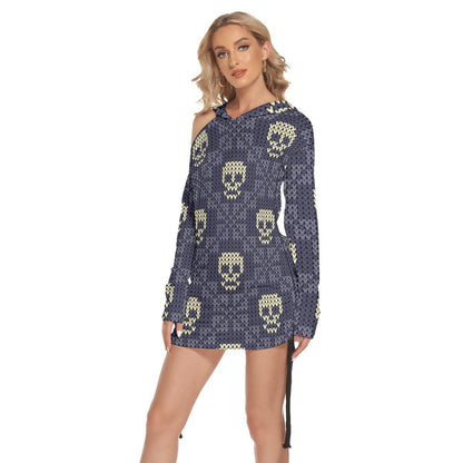 Christmas Violet White Skull Pattern Print Open Shoulder Dress - Wonder Skull
