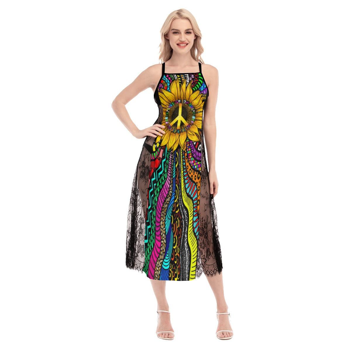 Hot Sunflower Peace love Lace Cami Cross Back Women Dress - Wonder Skull