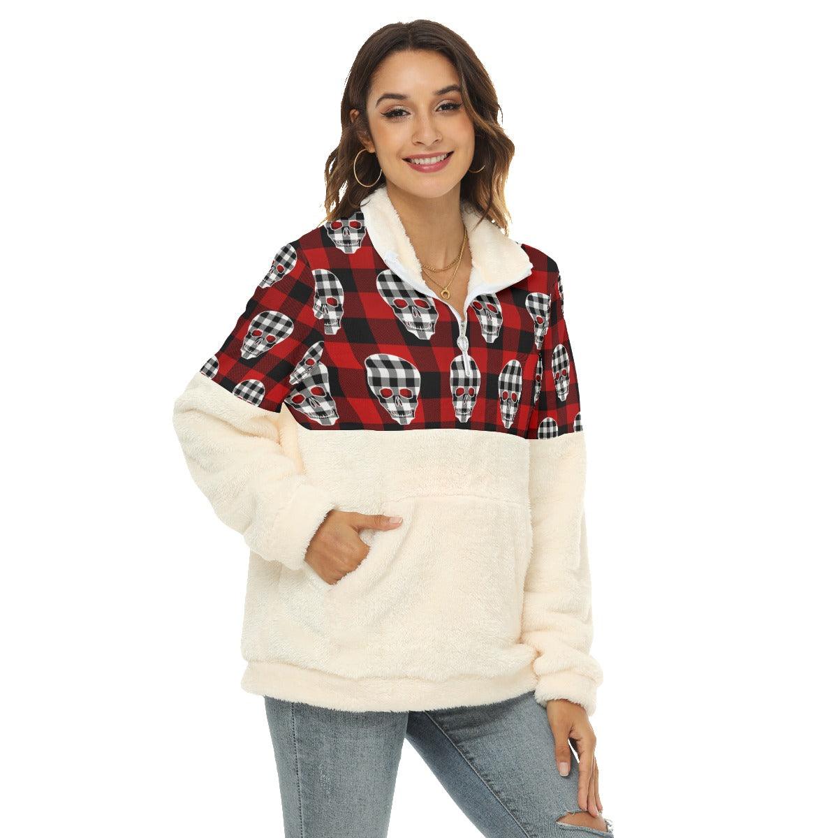 Skull Buffalo Fabric Borg Fleece Sweatshirt With Half Zip - Wonder Skull