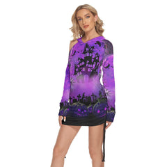 Halloween Castle Night All Over Print Women One Shoulder Dress With Waist Shirring, Pumpkin Long Hoodie For Women - Wonder Skull