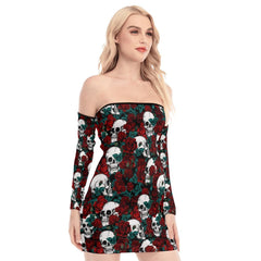 Skull Sugar Rose Pattern Off-shoulder Back Lace-up Dress - Wonder Skull