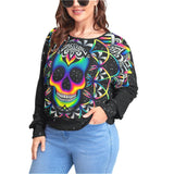 Colorful Mandala Skull Backless Sweatshirt With Bat Sleeve - Wonder Skull
