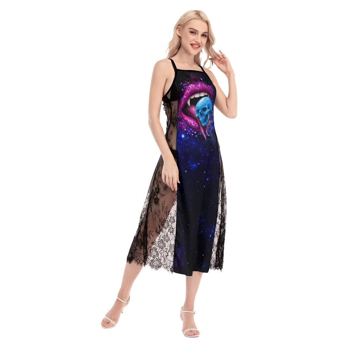 Hot Gothic Skull Lips Lace Cami Cross Back Women Dress - Wonder Skull