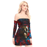 Blue And Red Roses Off-shoulder Back Lace-up Dress - Wonder Skull