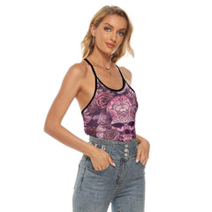 Vintage Pink Skull Gothic Rose Criss-Cross Open Back Tank Top, Trending T-Shirt For Women - Women Skull