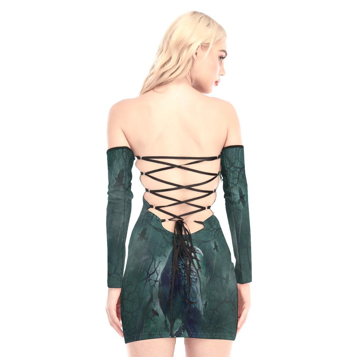 Raven In Dark Green Forest Off-shoulder Back Lace-up Dress - Wonder Skull