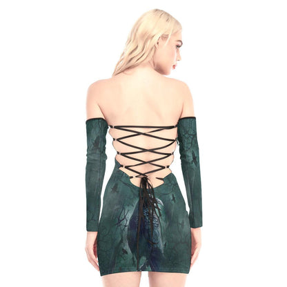 Raven In Dark Green Forest Off-shoulder Back Lace-up Dress - Wonder Skull