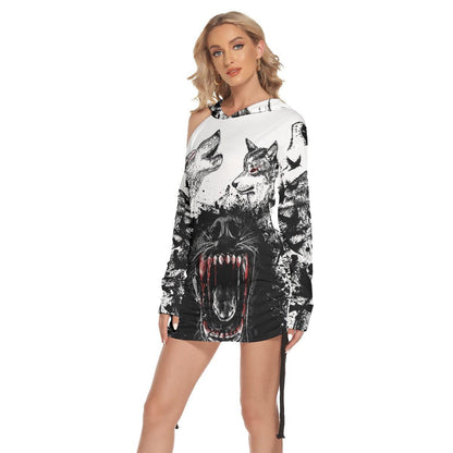 Wolves Howling All Over Print Women One Shoulder Dress With Waist Shirring, Hot Long Hoodie For Women - Wonder Skull