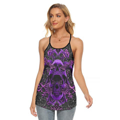 Purple Ornament Skull Gothic Criss-Cross Open Back Tank Top, Coolest T-Shirt For Women - Wonder Skull