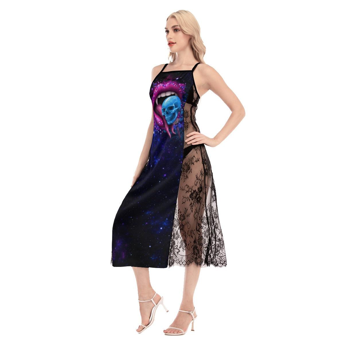 Hot Gothic Skull Lips Lace Cami Cross Back Women Dress - Wonder Skull