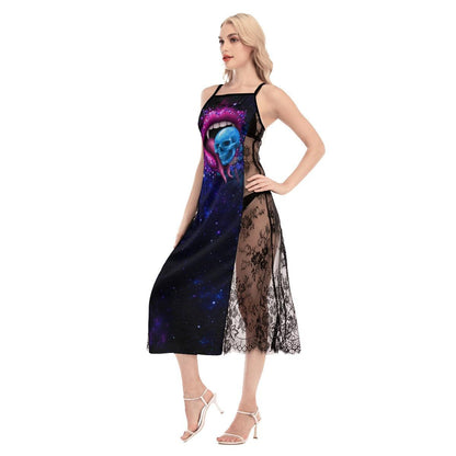 Hot Gothic Skull Lips Lace Cami Cross Back Women Dress - Wonder Skull