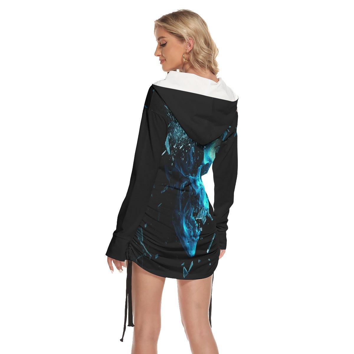 Skull Gothic Miror Broken All-Over Print Women One Shoulder Dress With Waist Shirring, Hot Long Hood - Wonder Skull