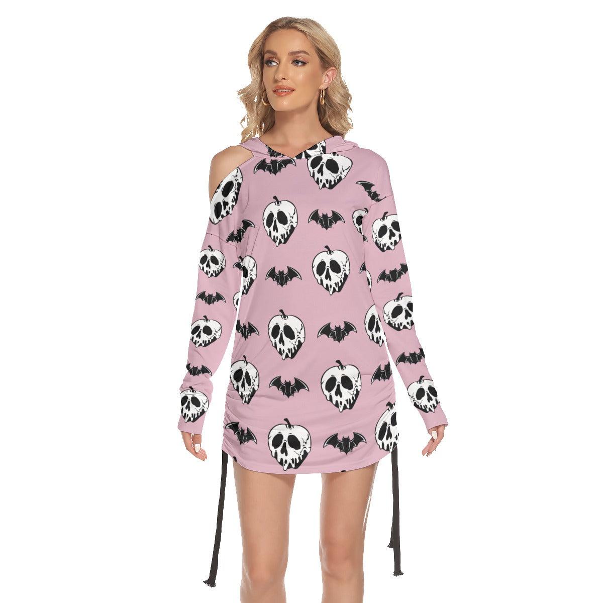 Pink Bat Skull All Over Print Women One Shoulder Dress With Waist Shirring, Long Hoodie For Women - Wonder Skull