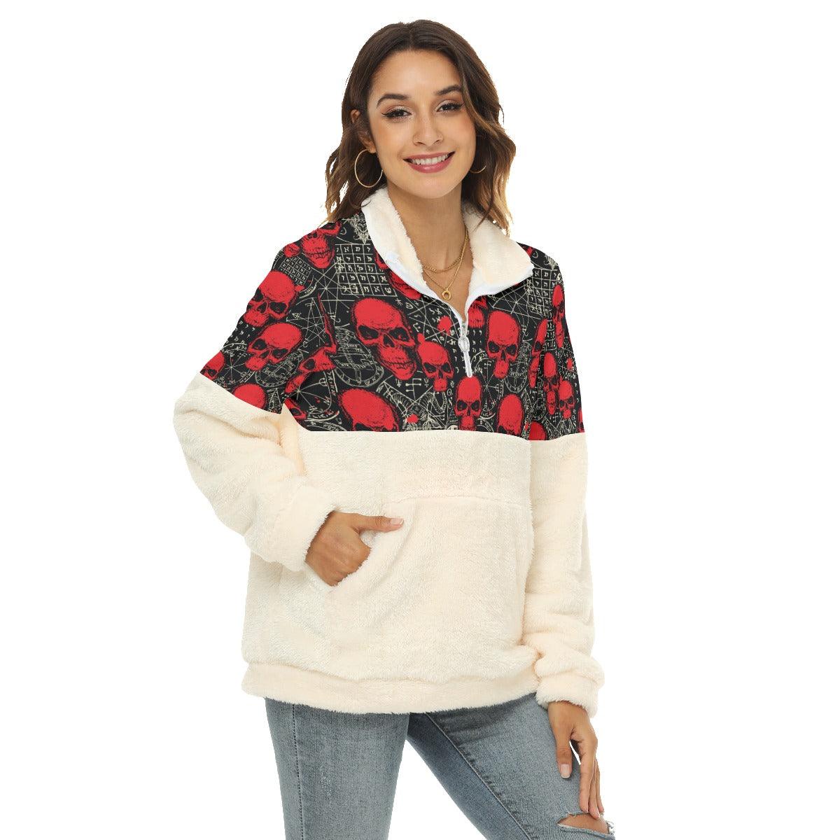 Red Skull Borg Fleece Sweatshirt With Half Zip - Wonder Skull