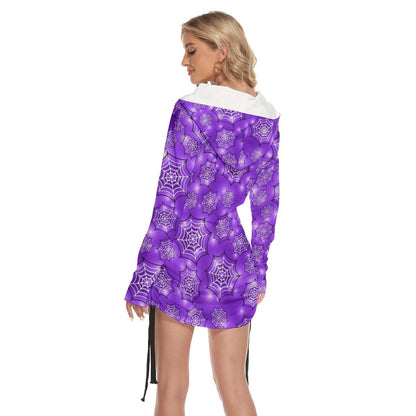 Purple Spider Net All Over Print Women One Shoulder Dress With Waist Shirring, Hot Long Hoodie For Women - Wonder Skull