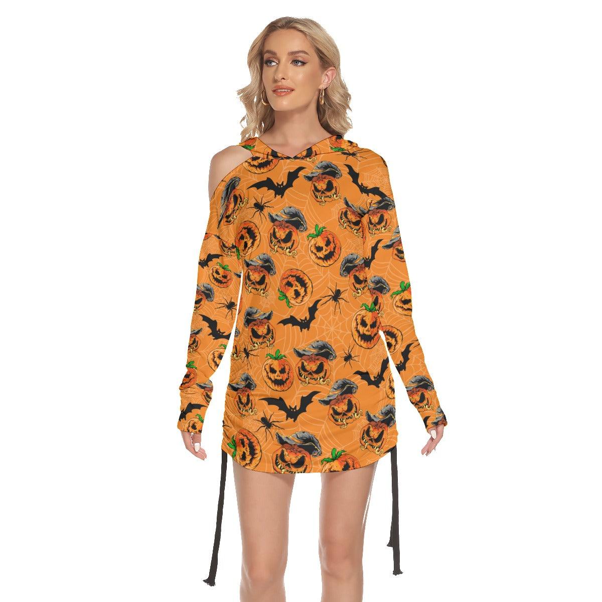 Halloween Bat Pumpkin All Over Print Women One Shoulder Dress With Waist Shirring, Long Hoodie For Women - Wonder Skull