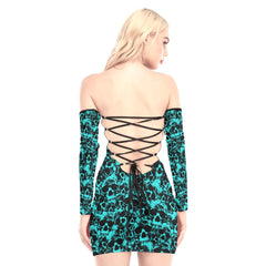 Cyan Chaotic Skull Off-shoulder Back Lace-up Dress - Wonder Skull