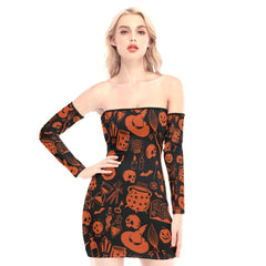 Halloween Pattern Off-shoulder Back Lace-up Dress - Wonder Skull