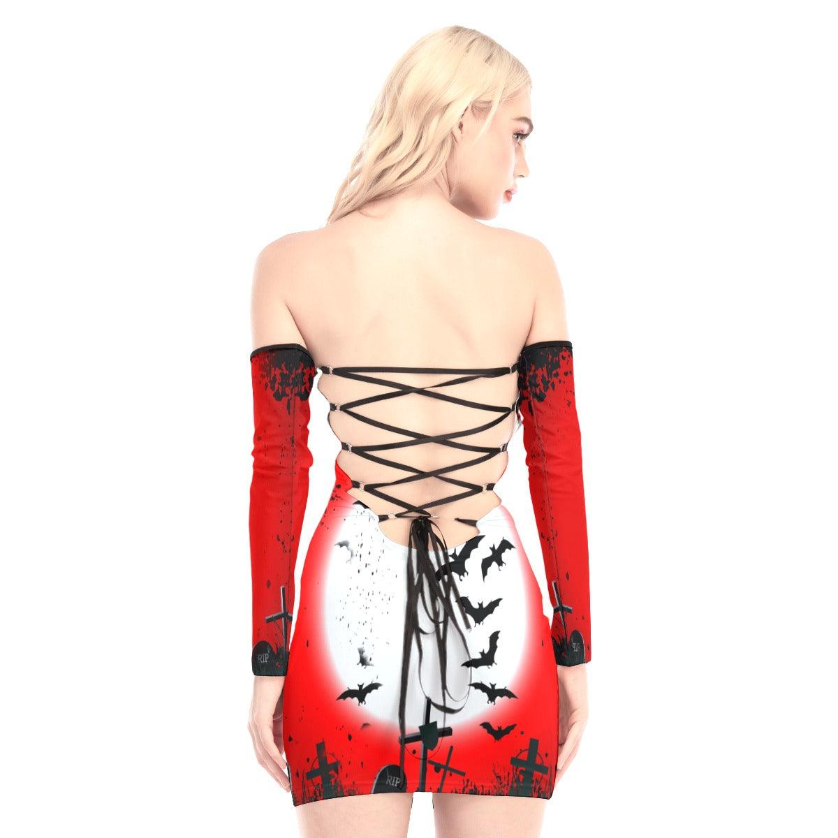 Halloween Dancing Skeleton Off-shoulder Back Lace-up Dress - Wonder Skull