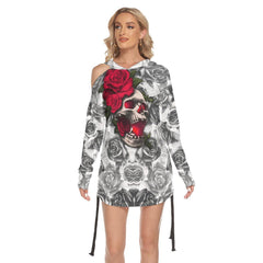 Rose Red Drawing Skull Print Open Shoulder Dress - Wonder Skull