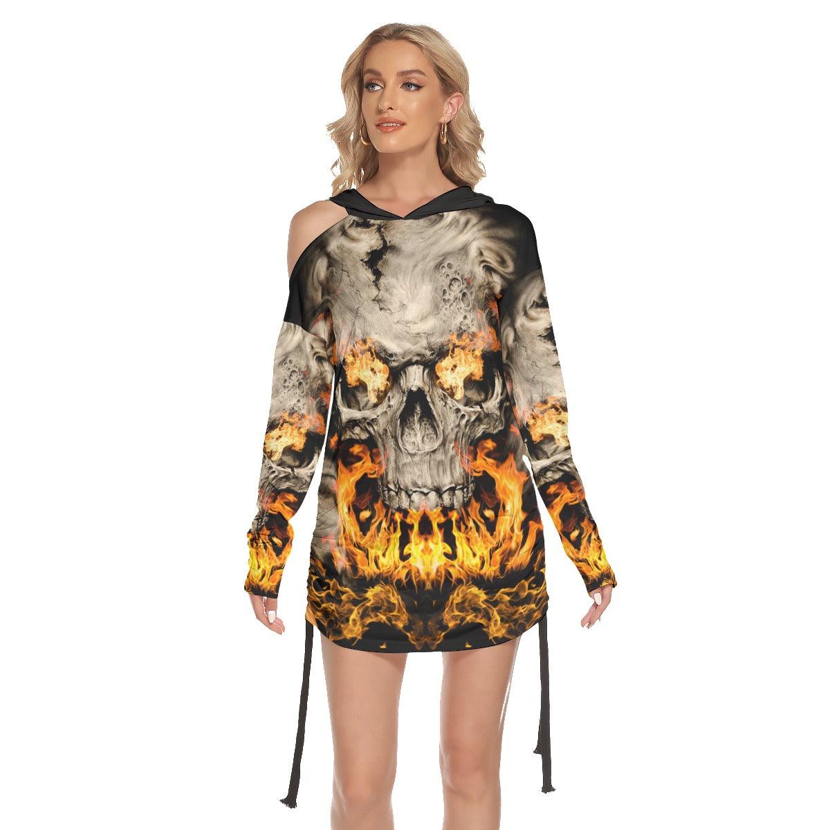 Skull Gothic Flame All-Over Print Women One Shoulder Dress With Waist Shirring, Hot Long Hoodie For - Wonder Skull