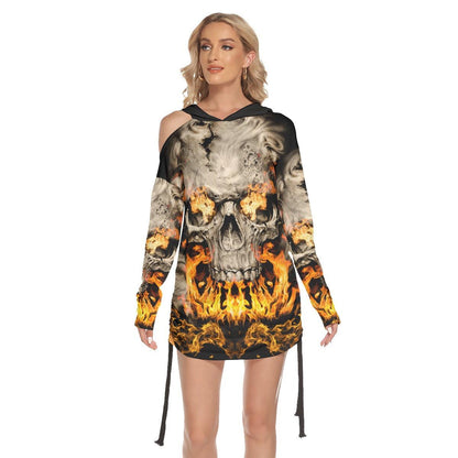 Skull Gothic Flame All-Over Print Women One Shoulder Dress With Waist Shirring, Hot Long Hoodie For - Wonder Skull
