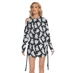 Halloween Boo All Over Print Women One Shoulder Dress With Waist Shirring, Long Hoodie For Women - Wonder Skull