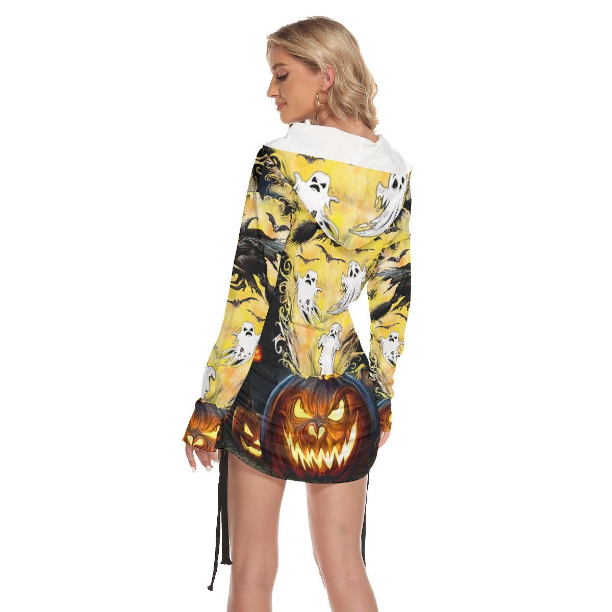 Halloween Witchy Boo All Over Print Women One Shoulder Dress With Waist Shirring, Long Hoodie For Women - Wonder Skull