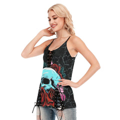 Skull Blue Rose Gothic Eyelet Lace-up Letter Dress - Wonder Skull