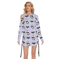 Purple Bat Skull All Over Print Women One Shoulder Dress With Waist Shirring, Long Hoodie For Women - Wonder Skull