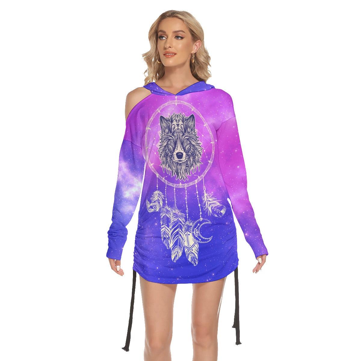 Gradient Wolf Chime All Over Print Women One Shoulder Dress With Waist Shirring, Long Hoodie For Women - Women Skull