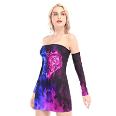 Blue Pink Flaming Skull Off-shoulder Back Lace-up Dress - Wonder Skull