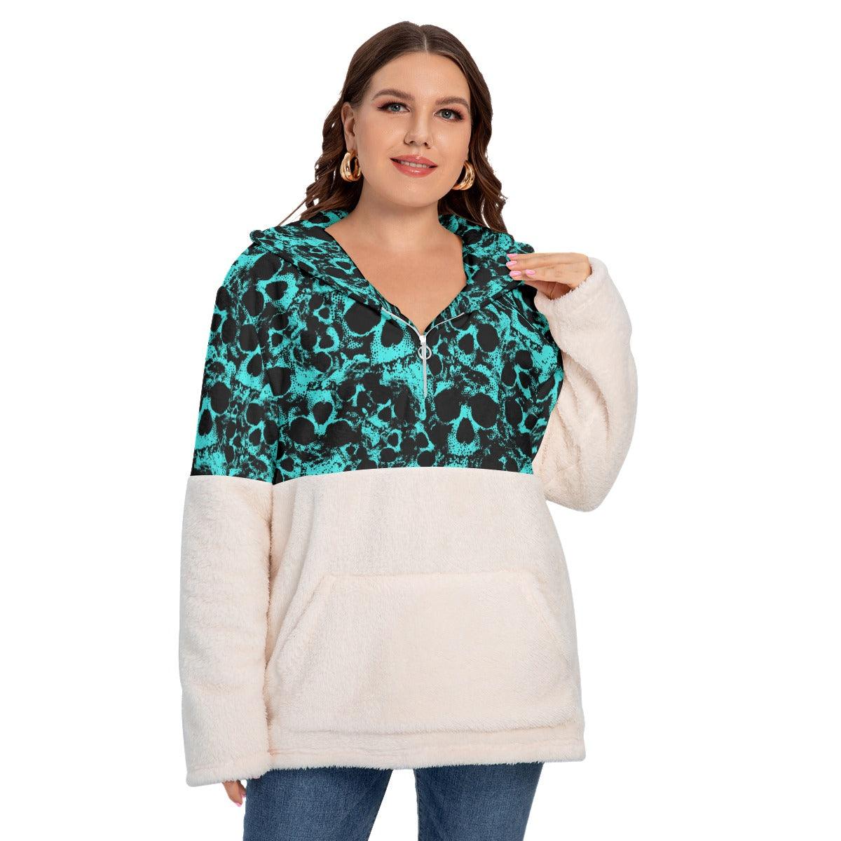 Green Skull Women's Borg Fleece Hoodie With Half Zip - Wonder Skull