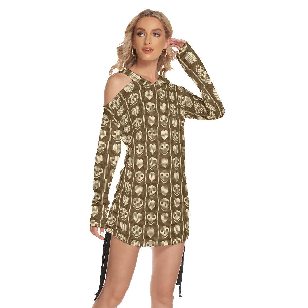 Christmas Brown Skull Heart Print Open Shoulder Dress - Wonder Skull