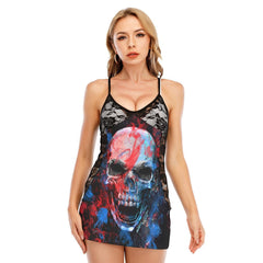 Skull Gothic Blue Red All-Over Print Women Black Lace Cami Dress - Wonder Skull