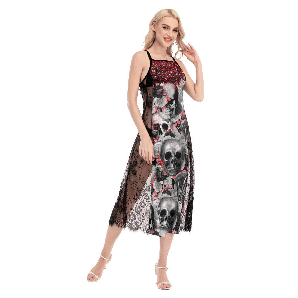 Pink Gothic Skull Pattern Lace Cami Cross Back Women Dress - Wonder Skull