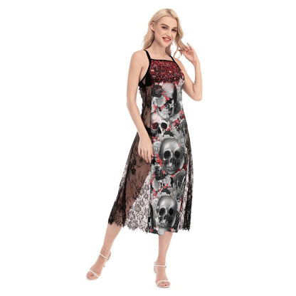 Pink Gothic Skull Pattern Lace Cami Cross Back Women Dress - Wonder Skull