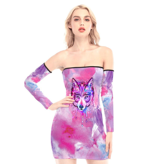 Pink Melting Wolf Off-shoulder Back Lace-up Dress - Wonder Skull