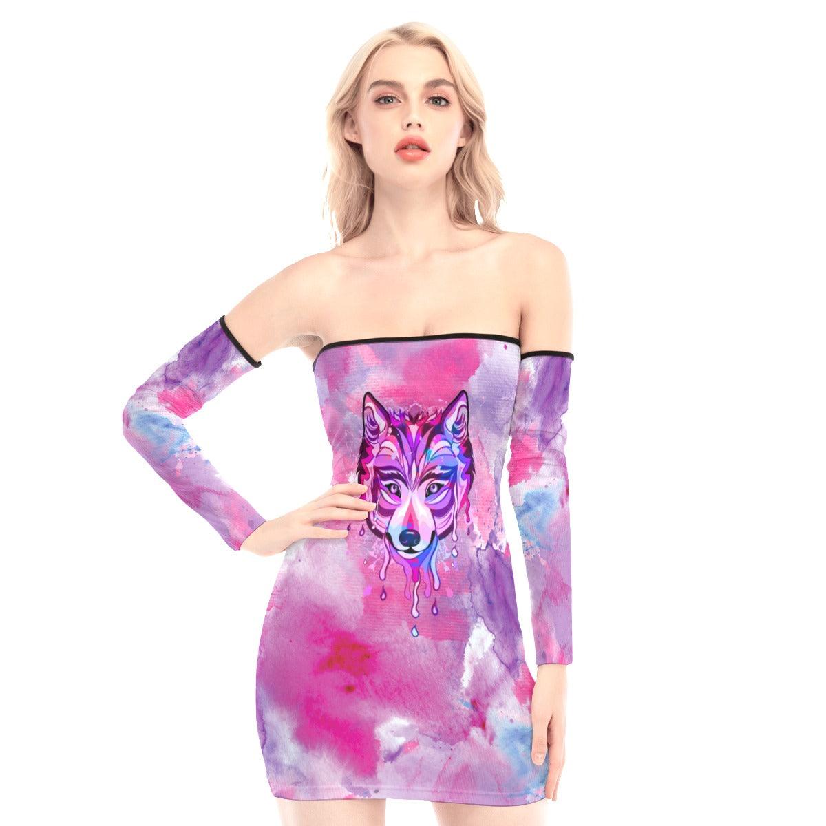 Pink Melting Wolf Off-shoulder Back Lace-up Dress - Wonder Skull