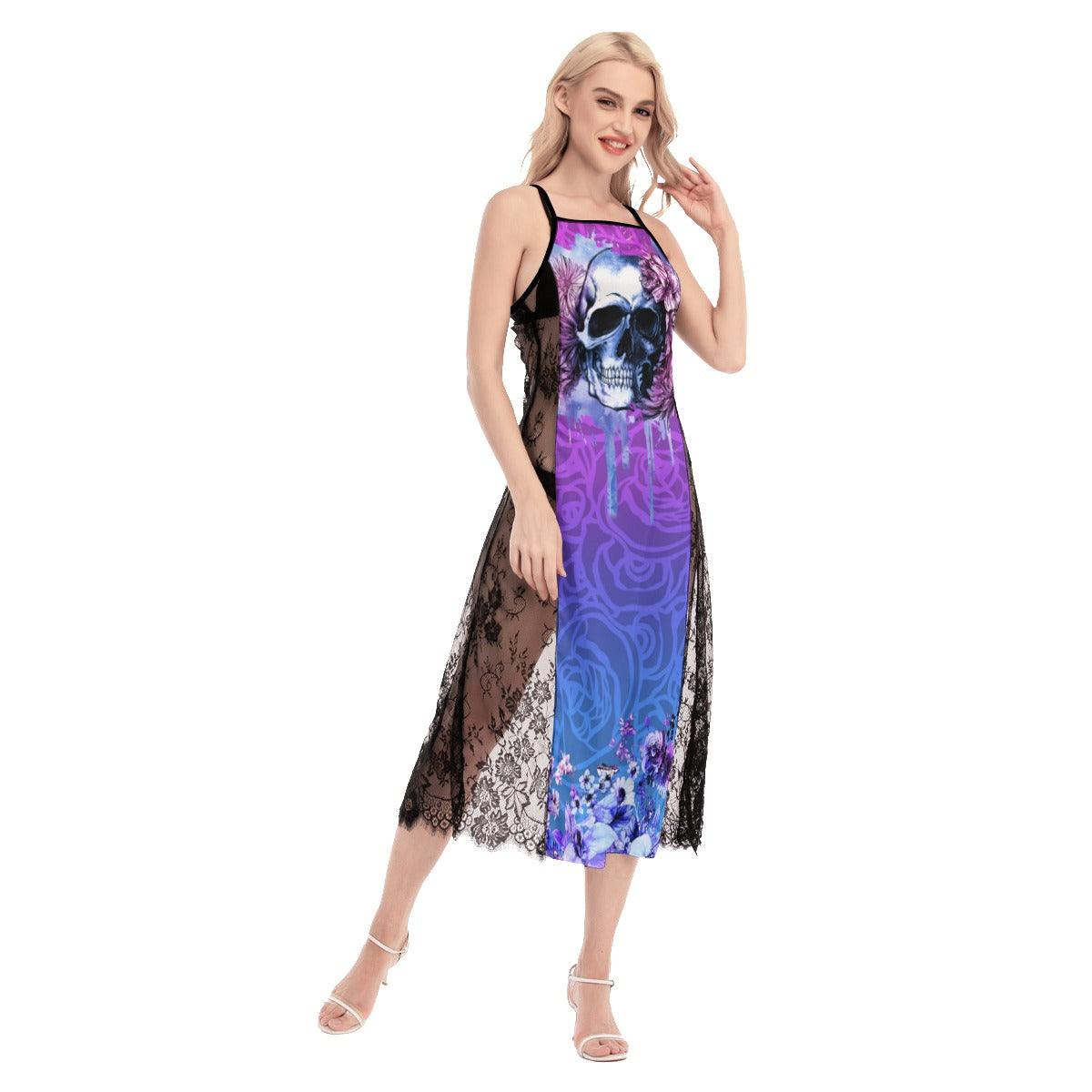 Hot Skull Rose Lace Cami Cross Back Women Dress - Wonder Skull