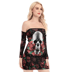 Skull Sugar Red Rose Off-shoulder Back Lace-up Dress - Wonder Skull