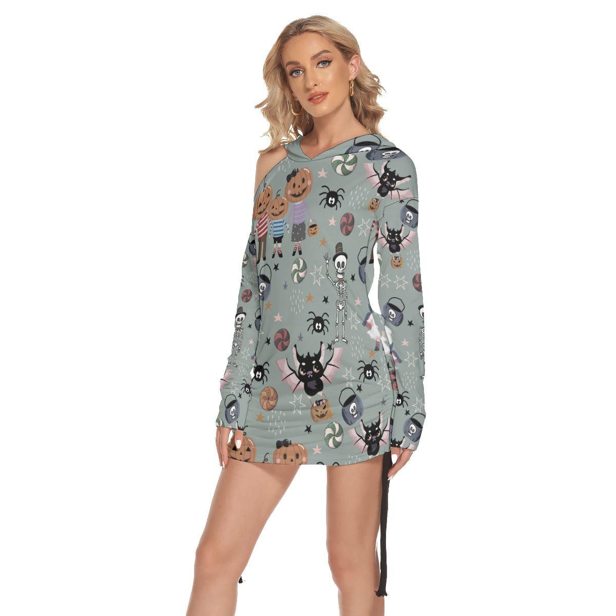 Halloween Funny Pumpkin All-Over Print Women One Shoulder Dress With Waist Shirring, Hot Long Hoodie - Wonder Skull